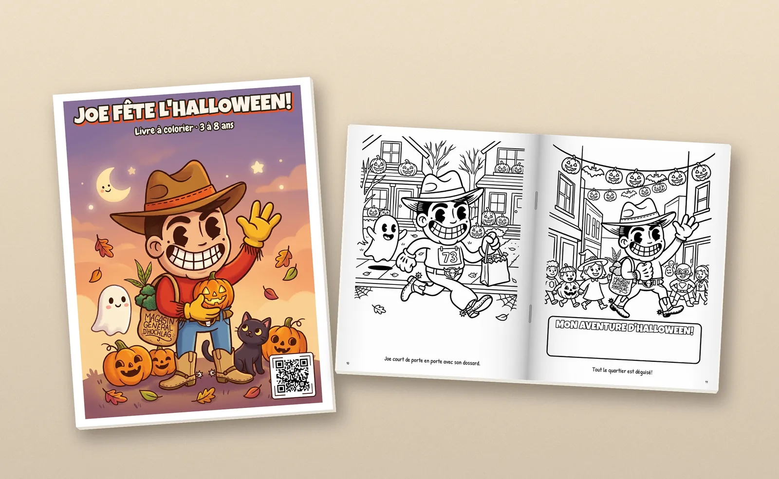 Le livret Joe fête l'Halloween! : à gauche, la couverture en couleur où Joe le cowboy salue en tenant une citrouille, avec un petit fantôme, un chaton noir et des citrouilles; à droite, le livret ouvert sur deux dessins à colorier où Joe court avec un dossard et défile avec des enfants déguisés.