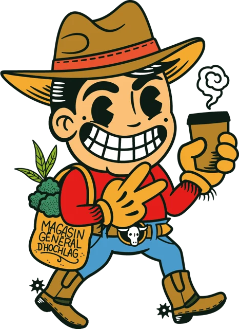 Joe le cowboy, café à la main et sac du magasin sur l'épaule